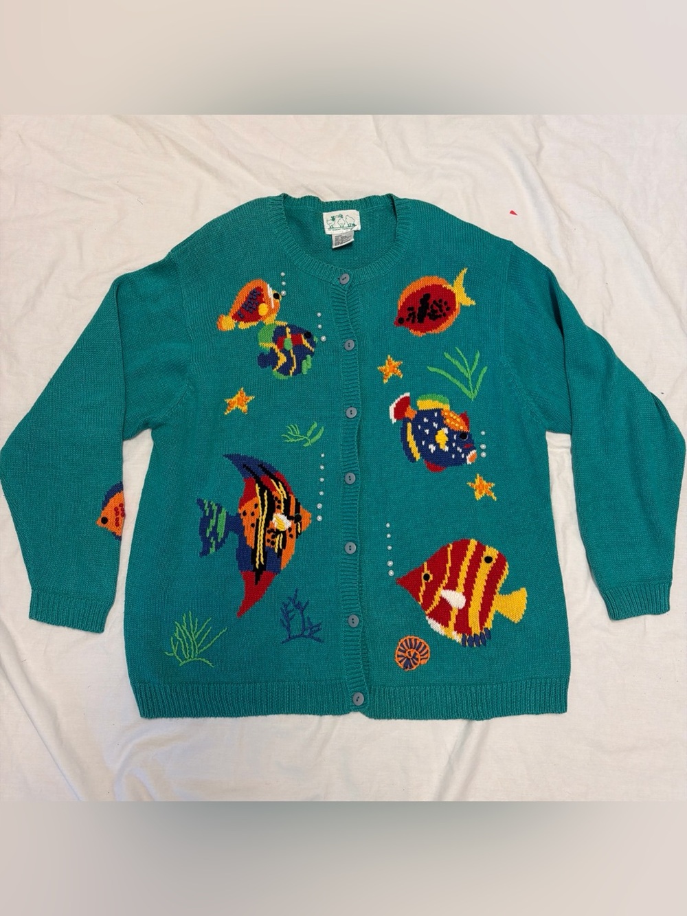Quacker Factory Teal Button-Front Cardigan with Colorful Fish Embroidery